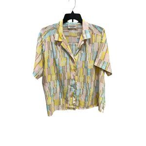 Donnkenny Women's 3X Blouse Button Up Pastel Color Block Short Sleeve Top 90's